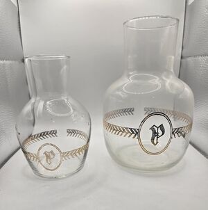 Vintage Libbey Laurel Leaf monogrammed glass carafes with the initial "P"